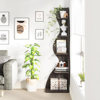 Tribesigns Corner Shelf, Modern 5-Tier Wall Corner Bookshelf, Stylish Corner Small Bookcase Storage Rack Plant Stand with Unique Shape for Living Room, Home Office, (1PC, Gray)