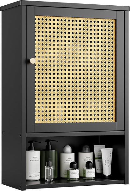 Bathroom Wall Cabinet, Bamboo Over-The-Toilet Storage Organizer with Rattan Doors and Adjustable Shelf, Space Saver Medicine Cabinet for Laundry, Kitchen, Living Room (Black)