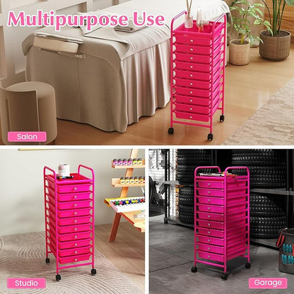 RELAX4LIFE 10 Drawer Rolling Cart - Slim Storage Cart w/Lockable Wheels for Classroom School Teacher Office, Art Supplies Paper Scrapbook Craft Organizers, Utility Cart with Drawers (Pink)