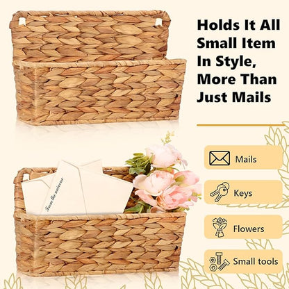 2 Pcs Woven Mail Holder Wall Mount Basket 9.25x1.57 Inch Rattan Wall Letter Holder Wicker Wall Basket Storage Water Hyacinth Hanging Storage Basket with Hooks Magazine Basket for Mail Envelope Office