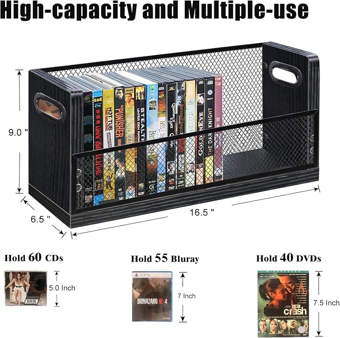 DVD Storage Box, 2 Pack Holds 56 DVDs (28 Each), Stackable Wood & Metal Organizer with Magnetic Opening Door for Blu ray, CDs, Video Game Cases, VHS Tapes