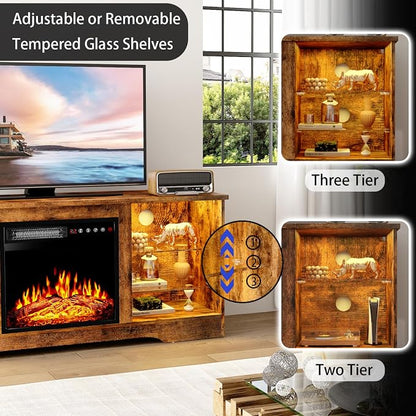 PRETZI Fireplace TV Stand with 18" Fireplace Up to 65" TVs, 58" Entertainment Center with LED Lights, TV Media Console with Adjustable Glass Shelves and Storage Cabinets for Living Room, Brown