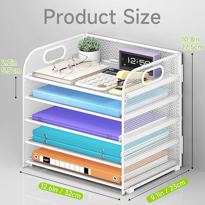 5 Tier Paper Organizer with Handle, White Metal Mesh Desk Organizer File Folder Paper Letter Tray Desktop Document Sorter for Classroom, School, Office Accessories Organization and Storage