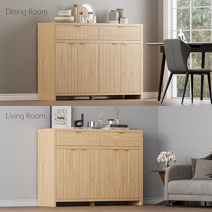 Fluted Sideboard Buffet Cabinet with Storage and Large Drawers, 55" W Credenza Storage Cabinet for Living Room or Entryway, 40'' H Farmhouse Buffet Table with Adjustable Shelves, Console Cabinet