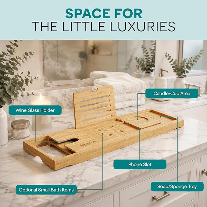 SereneLife 2 in 1 Bed and Bath Tray - Foldable Bamboo Bathtub Caddy with Adjustable Length, Non-Slip, Device Holder, Wine Glass Slot, Expandable for Comfortable Bathing, Natural, Folding Set