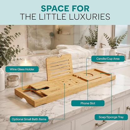 SereneLife 2 in 1 Bed and Bath Tray - Foldable Bamboo Bathtub Caddy with Adjustable Length, Non-Slip, Device Holder, Wine Glass Slot, Expandable for Comfortable Bathing, Natural, Folding Set