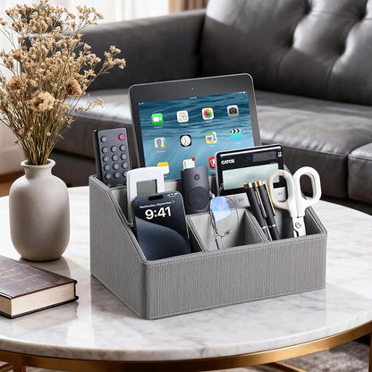 PU Leather Desk Organizer, Luxury Remote Control Holder for Home, Office Desk Accessories Table Caddy Bedside Nightstand Organizer (Grey)