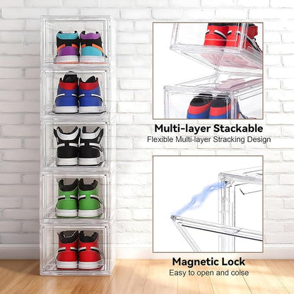 BVBOX Acrylic Shoe Storage Boxes with Magnetic Door - 360° Clear Stackable Shoe Display Box Set, Plastic Shoe Cabinet Rack Box for Sneakers Heels Shoes (1, Clear, L - Front Open)