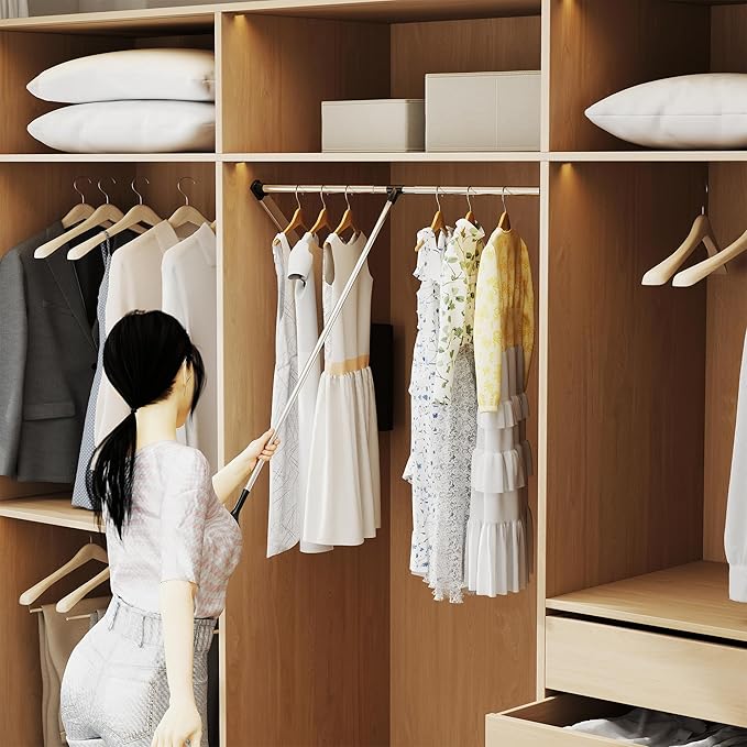 Pull Down Closet Rod Adjustable Width 26-35 Inches Floating Shelves Liftable Clothes 60lbs Hanger Heavy Duty Wardrobe Organizer Adjustable Home Clothes Storage Side & Back Mounted Closet Pole