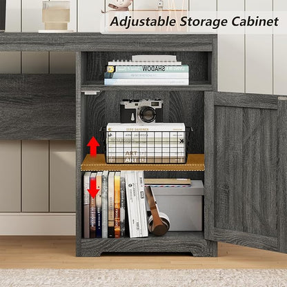 63" Farmhouse L Shaped Executive Desk with Drawers & Storage Shelf, Corner Computer Desk with Power Outlets, L Shaped Office Desk with Monitor Stand, Printer Shelf, Dark Gray