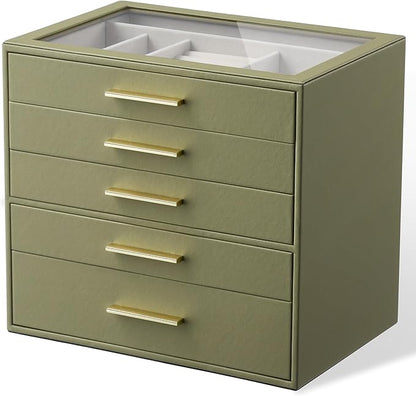 Jewelry Box Organizer Case for Women: 5-Layer Jewelry Storage Case with Glass Window, Olive Green Leather with Cream Velvet, Holder for Ring Necklace Bracelet Brooch Watch, Great Gift for Her