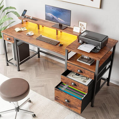 Furologee 60" Computer Desk with File Cabinet and Storage Shelves, Reversible Home Office Desk with LED Lights, Full Monitor Stand, Power Outlets, Study Gaming Table with 4 Drawers, Rustic Brown