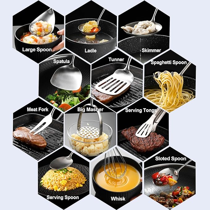NIITAWH Stainless Steel Kitchen Utensils 13 PCS Metal Set, Solid and Slotted Spoon, Fork, Spatula, Ladle, Skimmer, Slotted Spatula Tunner, Spaghetti Large Spoon, Meat Fork, Masher, Whisk, Tongs