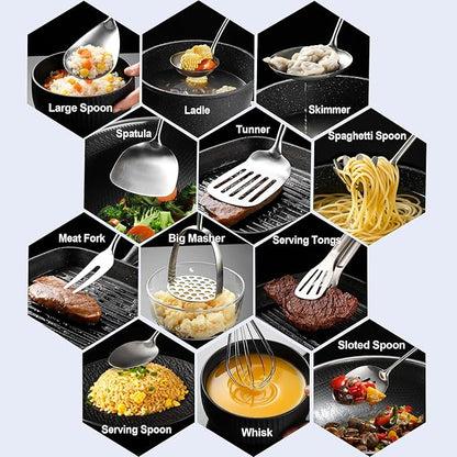NIITAWH Stainless Steel Kitchen Utensils 13 PCS Metal Set, Solid and Slotted Spoon, Fork, Spatula, Ladle, Skimmer, Slotted Spatula Tunner, Spaghetti Large Spoon, Meat Fork, Masher, Whisk, Tongs