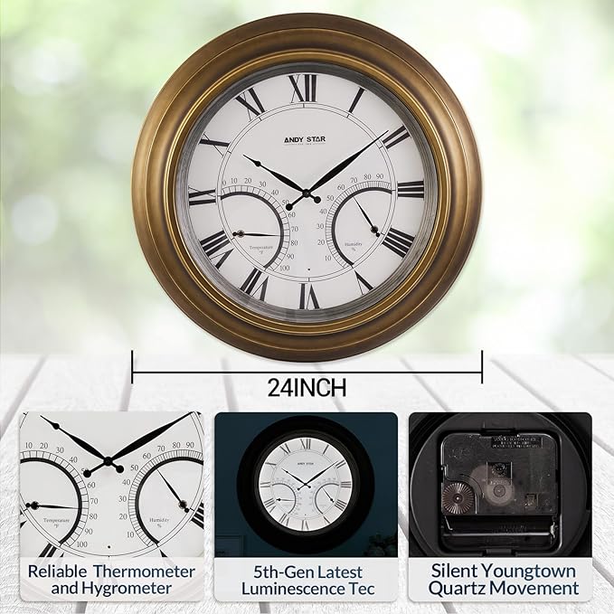 ANDY STAR 24 Inch Outdoor Clocks Waterproof,Large Outdoor Wall Clocks for Patio with Thermometer Combo, Illuminated Indodor Metal Clock Battery Operated Non Ticking, House Warming Gifts Gold Finish