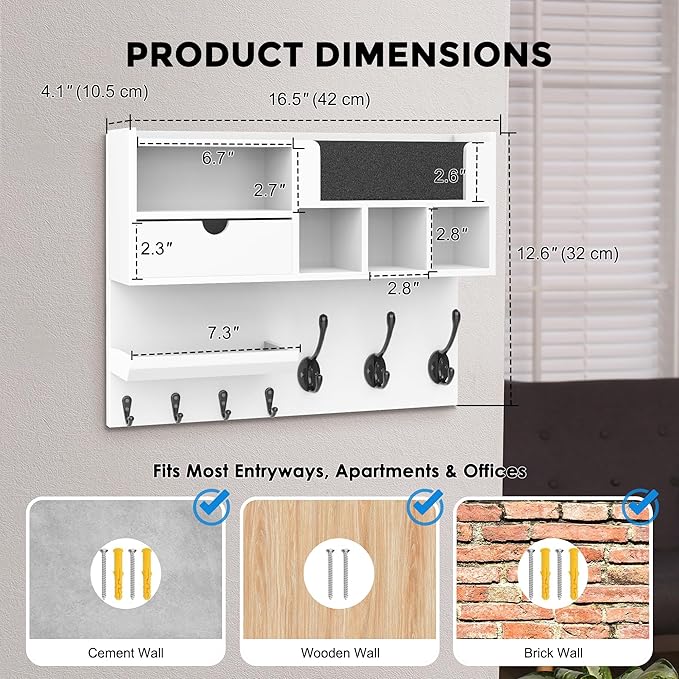 Key Holder Wall Mount with Mail Slot, Wall Key Holder with Chalkboard, Drawer & 7 Hooks, Key Hooks for Wall, Key Hanger Organizer for Entryway Keys Coats Bags, White Farmhouse