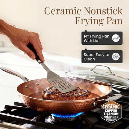 Gotham Steel Hammered Copper 14 Inch Non Stick Frying Pan with Lid, Nonstick Frying Pan with Ceramic Coating and Induction Plate for Even Heating, Oven / Dishwasher Safe, 100% Healthy & Non Toxic