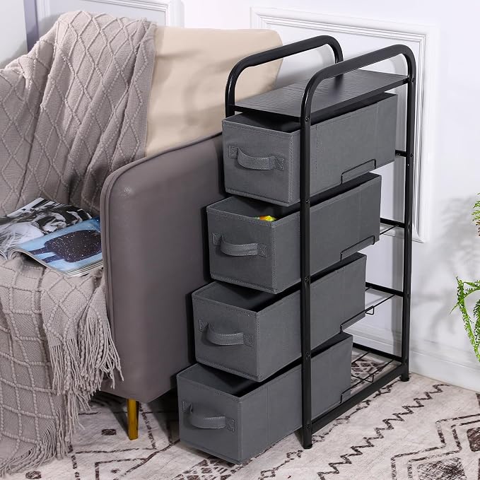 MAX Houser 4 Drawer Narrow Dresser Fabric Storage Tower Vertical Slim Storage Chest Organizer Nightstand Side/End Table Small Standing Organizer Removable Drawers Wood Top for Bedroom, Bathroom（Grey