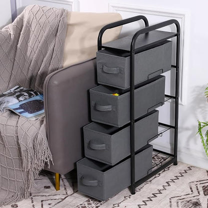 MAX Houser 4 Drawer Narrow Dresser Fabric Storage Tower Vertical Slim Storage Chest Organizer Nightstand Side/End Table Small Standing Organizer Removable Drawers Wood Top for Bedroom, Bathroom（Grey