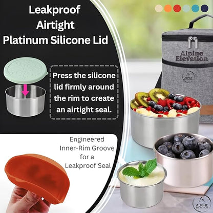 Alpine Elevation 12 Pcs - 6 Stainless Steel Containers + 6 Silicone Lids | 304 Stainless Steel Snack Container | Nesting Snack and Dip Containers | Metal Food Storage