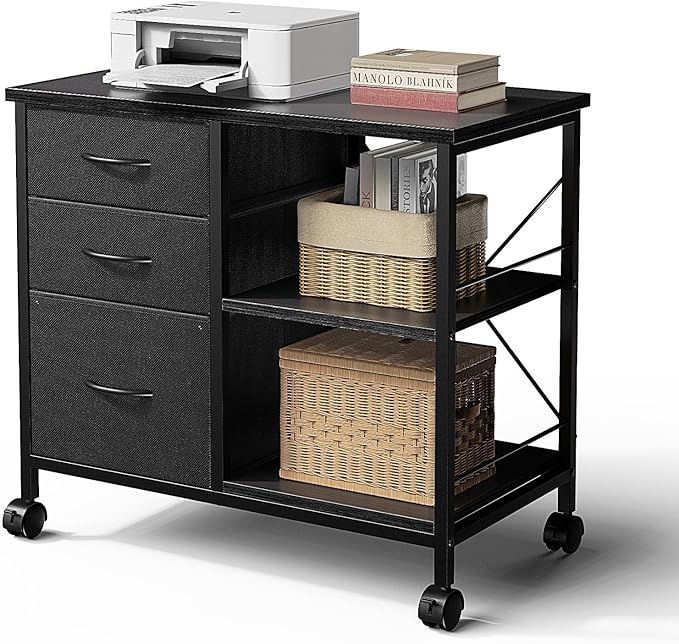 DUMOS 3-Tier Mobile File Cabinet, Printer Stand with Storage, Office Table with Drawers and Back Support Bar, Holds 110lb for Home Office, Rustic Black