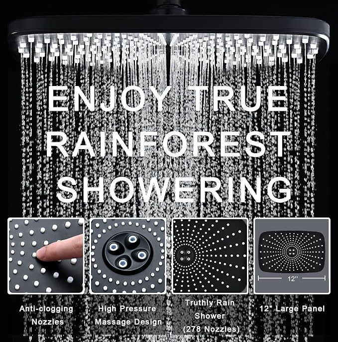 BOZYBO Rain Shower Head with Handheld: High Pressure Shower Heads with Handheld Spray Combo, 12" Rainfall Shower Head and 9 Sprays Hand Showerheads with Magnetic Docking and Power Jets, Black 1.8GPM