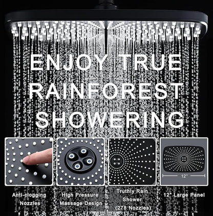 BOZYBO Rain Shower Head with Handheld: High Pressure Shower Heads with Handheld Spray Combo, 12" Rainfall Shower Head and 9 Sprays Hand Showerheads with Magnetic Docking and Power Jets, Black 1.75GPM