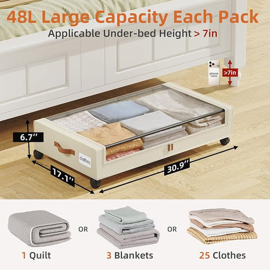 Somdot Under Bed Storage with Wheels, 2 Pack Bed Storage Containers with Dividers & Clear Lids, Easy Pull-out Metal Drawer for Clothes, Shoes,Toys, Blankets (Beige)