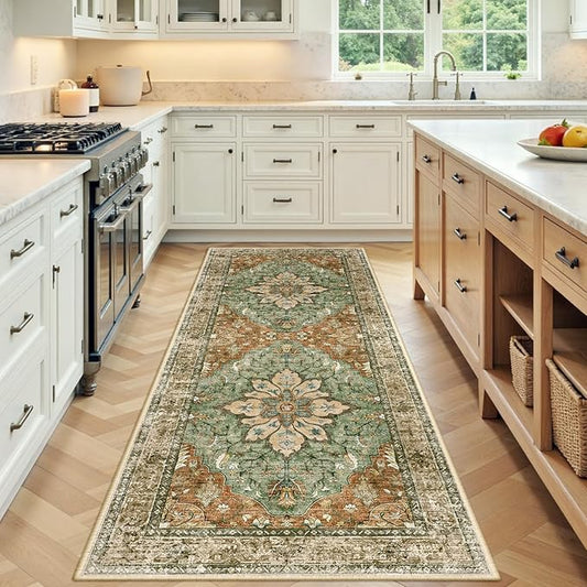 RELEANY Area Rugs Runner 3'x7' Washable Non-Slip, Floral Vintage Distress Medallion Carpet for Kitchen Hallway Bedroom Beside Laundry Room Bathroom, Terracotta Burnt Orange Green