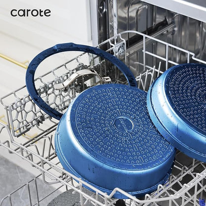 CAROTE 8Pcs Non Stick Frying Pans Set 3 Sizes(8,10,12 Inch), Kitchen Nonstick Skillets with Detachable Handle, Cooking Pan with lid, Oven Safe, Induction Cookware, Stackable Kitchen Set, Blue