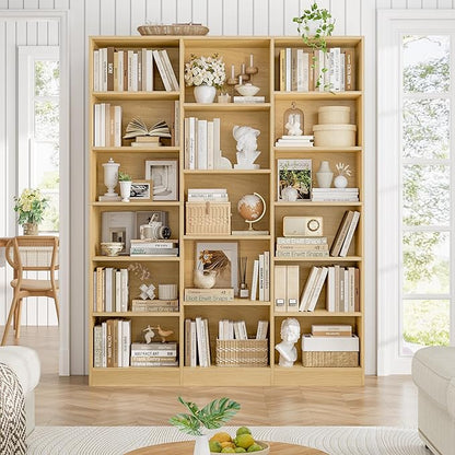 FACBOTALL Triple Wide Bookshelf, 6 Tier Large Bookshelf, Bookcase with 17 Open Display Shelves, 74'' Tall Bookcases and Bookshelves for Living Room, Home Office, Library, Natural