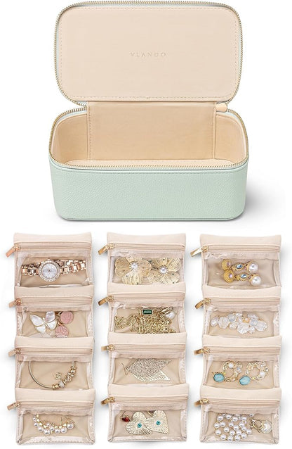 Vlando Jewelry Travel Case,Travel Jewelry Organizer with Clear Velvet Jewelry Bags 12Pcs Zipper Pouch for Women-Mint Green