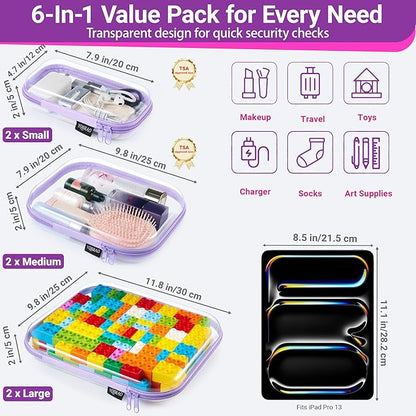 YQBRAO 6 Pack Royal Purple Clear Hard Shell Zipper Case, 1.2mm Heavy Duty Art Supply & Cosmetic Bags, Crush-Proof Storage Pouches for Hobbies, Tech & Makeup (2L, 2M, 2S)