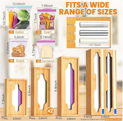 6 In 1 Bag Storage Organizer with Foil and Plastic Wrap Organizer, Extended Aluminum Foil Dispenser, Bamboo Baggie Organizer for Drawer, Sandwich Bag Organizer for Gallon, Quart, Snack