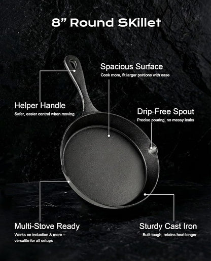 Cast Iron Skillets, 8 Inch Frying Pan with Teardrop Handle, Oven Safe, Durable Camping Cookware for Stove & Grill Use, Indoor/Outdoor
