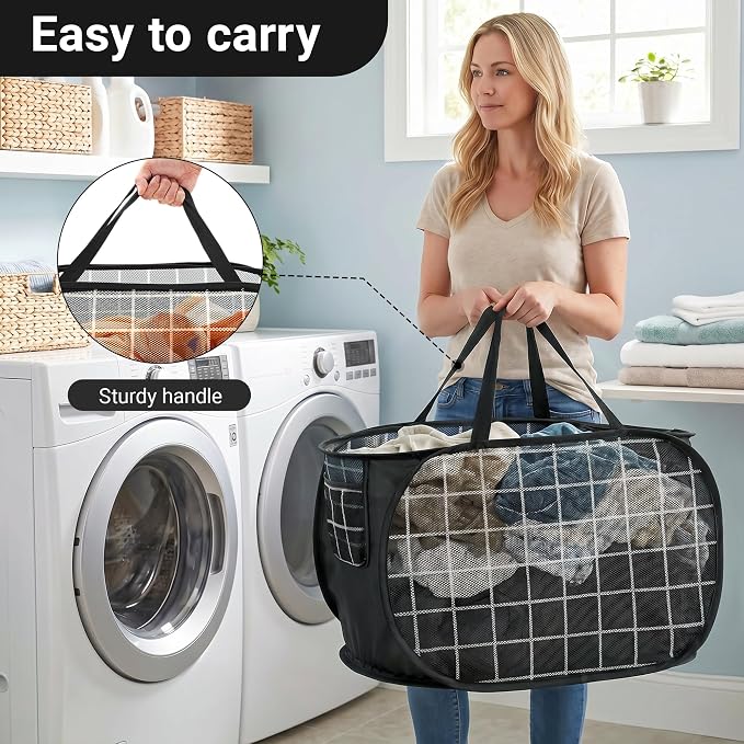 Collapsible Laundry Baskets with Side Pocket, Mesh Pop Up Clothes Hamper for Laundry, Foldable Laundry Basket Storage Hamper with Reinforced Handles for Clothes, Toys, Home, Dorm -Grid Print, Black