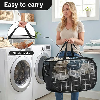 Collapsible Laundry Baskets with Side Pocket, Mesh Pop Up Clothes Hamper for Laundry, Foldable Laundry Basket Storage Hamper with Reinforced Handles for Clothes, Toys, Home, Dorm -Grid Print, Black