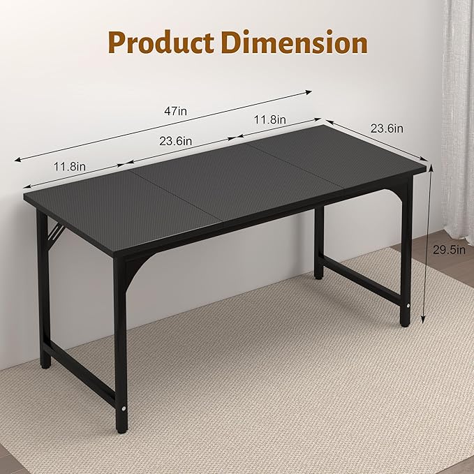 AZN Computer Desk, 47in Computer Desk, Gaming Office Desk w/Carbon Fiber Tabletop, Gaming Office Desk w/Sturdy Metal Frame, Home Office Desks w/Large Legroom for Game Work Study Writing, Black