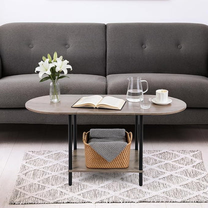 Small Coffee Table,35.4'' Oval Coffee Table with Storage Shelf & Metal Frame,Low Cocktail Tea Accent Table for Apartment,Modern Mid Century Small Living Room Table,Rustic Grey
