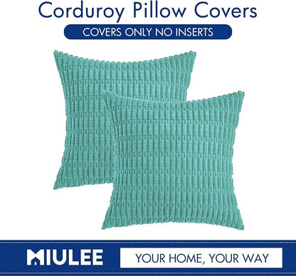 MIULEE Pack of 2 Corduroy Decorative Throw Pillow Covers 18x18 Inch Soft Boho Striped Pillow Covers Modern Farmhouse Home Decor for Summer Sofa Living Room Couch Bed Aqua Green