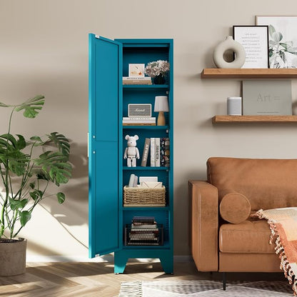 COFaR Tall Bathroom Cabinet, Metal Farmhouse Narrow Slim Storage Cabinet with Adjustable Shelves Barn Door for Bathrooms, Kitchens, Entrances Living Room (Blue)