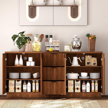 Brafab 67" Mid Century Modern Style Storage Sideboard with 4 Arched Reeded Design Doors and 3 Drawers with Adjustable Shelves, Suitable for Living Rooms, Studies and Dining Rooms (Walnut, 1 PCS)