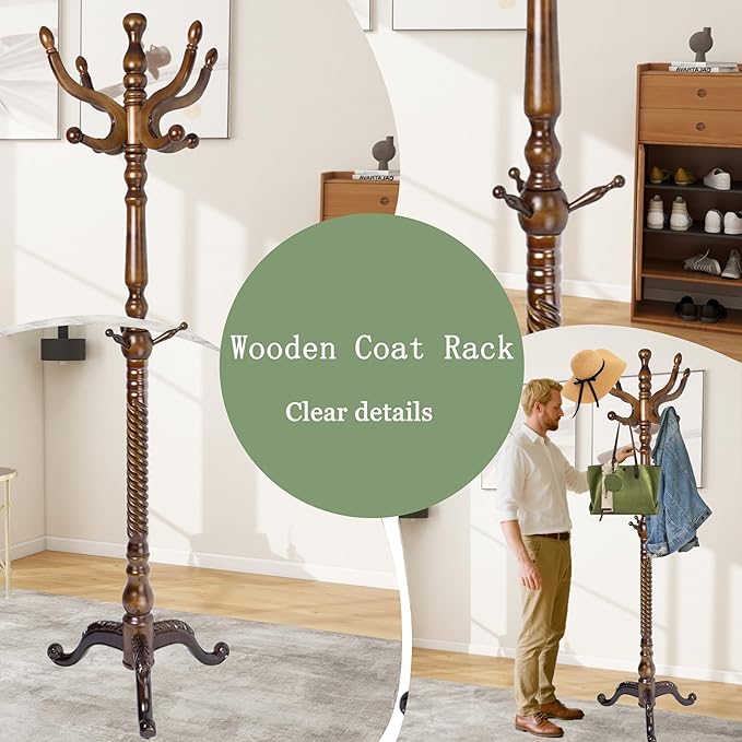 Coat Rack Freestanding,Solid Wooden Coat Rack Stand with 3 Height Options,14 Hooks, Natural Birch Coat Tree Easy to assemble for Clothes Jacket Hat bag Entryway (mahogany) (retro)