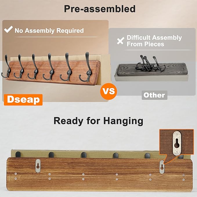 Dseap Coat Rack Wall Mounted - 24" Long 6 Tri Hooks, Heavy Duty Wooden Wall Coat Hanger Coat Hook for Clothes Hat Jacket Clothing, Black