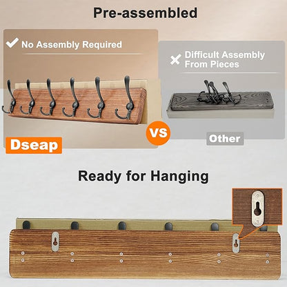 Dseap Coat Rack Wall Mounted - 24" Long 6 Tri Hooks, Heavy Duty Wooden Wall Coat Hanger Coat Hook for Clothes Hat Jacket Clothing, White and Black, Pack of 2