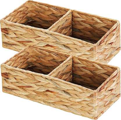 Vagusicc 2 Section Wicker Storage Basket, Set of 2 Hand-woven Water Hyacinth Storage Baskets, Toilet Tank Basket, Small Wicker Baskets, Woven baskets, Baskets for Organizing Storage Shelves, 2-Pack