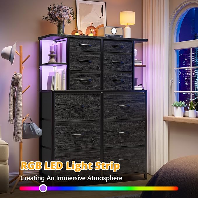 EnHomee Dresser with 12 Drawers & LED Lights, Dresser for Bedroom with 4 Open Storage Shelves, Fabric Dressers & Chests of Drawers, Metal Frame, Wood Top,45.2" H x 35.4" W x 11.8" D, Black