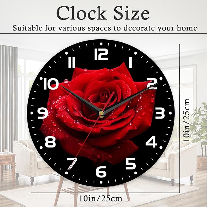 Wall Clock, 10 Inch Silent Non-Ticking Home Kitchen Decor, Battery Operated for Bathroom Bedroom Living Room Office(Red Roses)