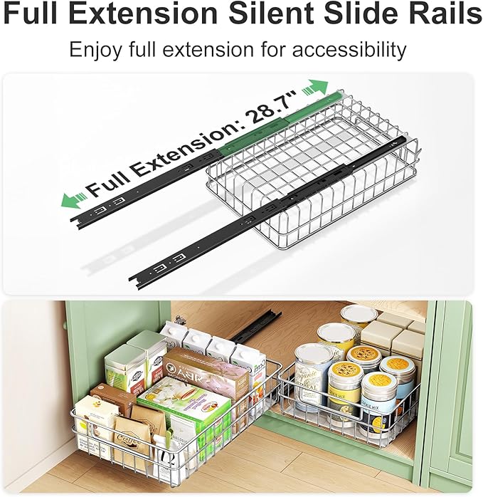 Pull out Cabinet Organizer, Stainless Steel 4-Pack (9.8"W x 16.5"D) Full-Extension Slide out Drawer, Adhesive Roll out Can Spice Storage Basket Shelf Rack for Pantry, Kitchen, Bathroom, Home Closet