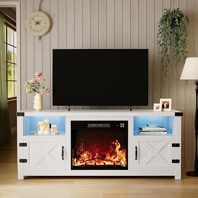 YESHOMY LED Fireplace TV Stand with Mood Lighting, TV Cabinet with Open Shelf, Farmhouse Media Console with Hidden Cable Routing, Entertainment Center for Televisions up to 65+ Inch, White